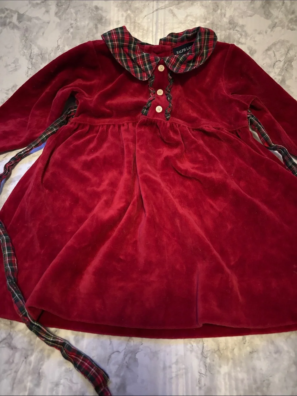 Ralph Lauren Red Velvet Dress with Tartan Trim